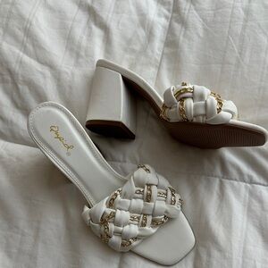 White Woven Block Heel Mules chunky